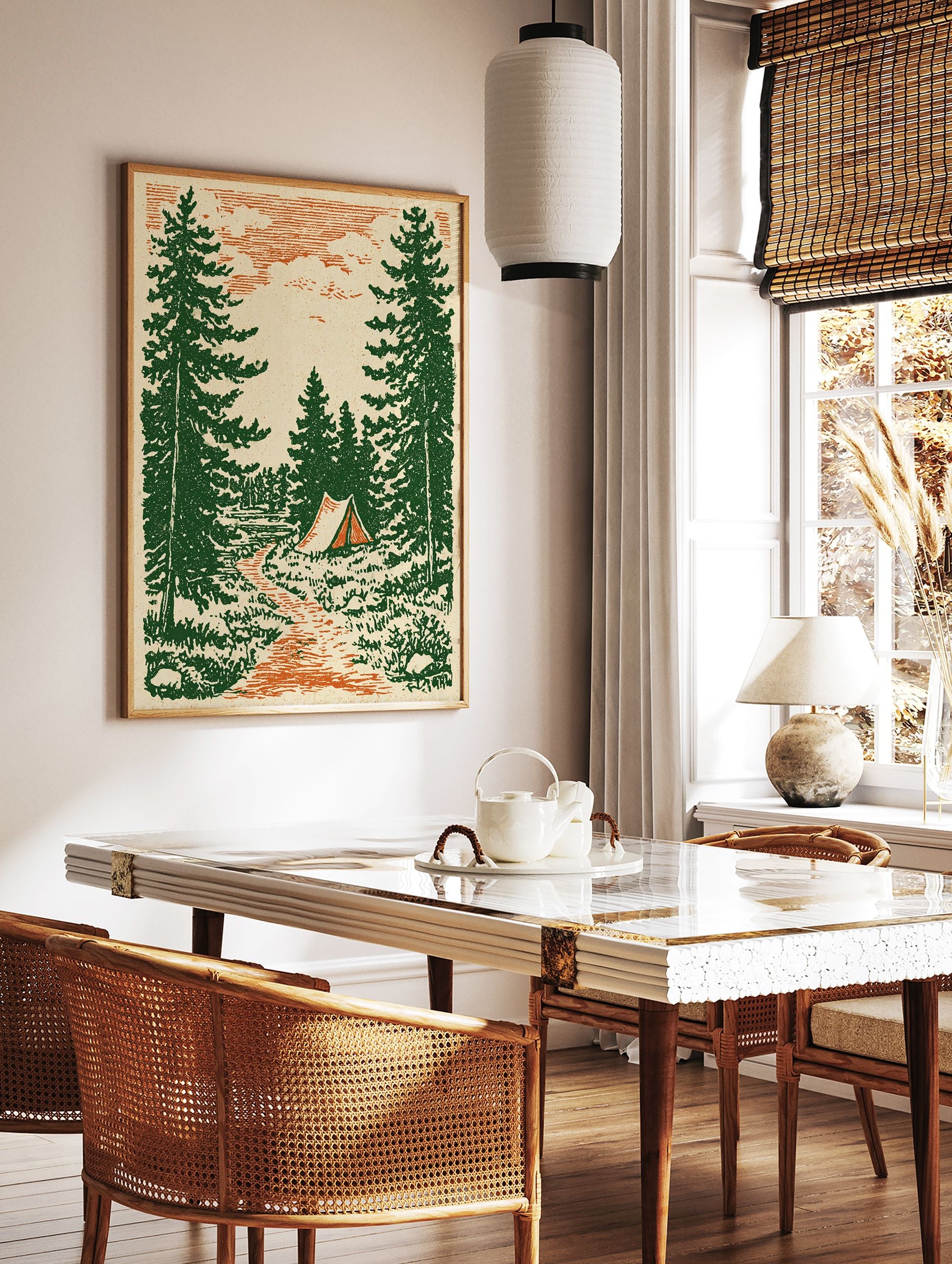 Vintage camping forest art print with green pine trees, an orange path, a lake, and a tent in an illustrative style. - Image 3