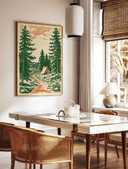 Vintage camping forest art print with green pine trees, an orange path, a lake, and a tent in an illustrative style. - Image 3
