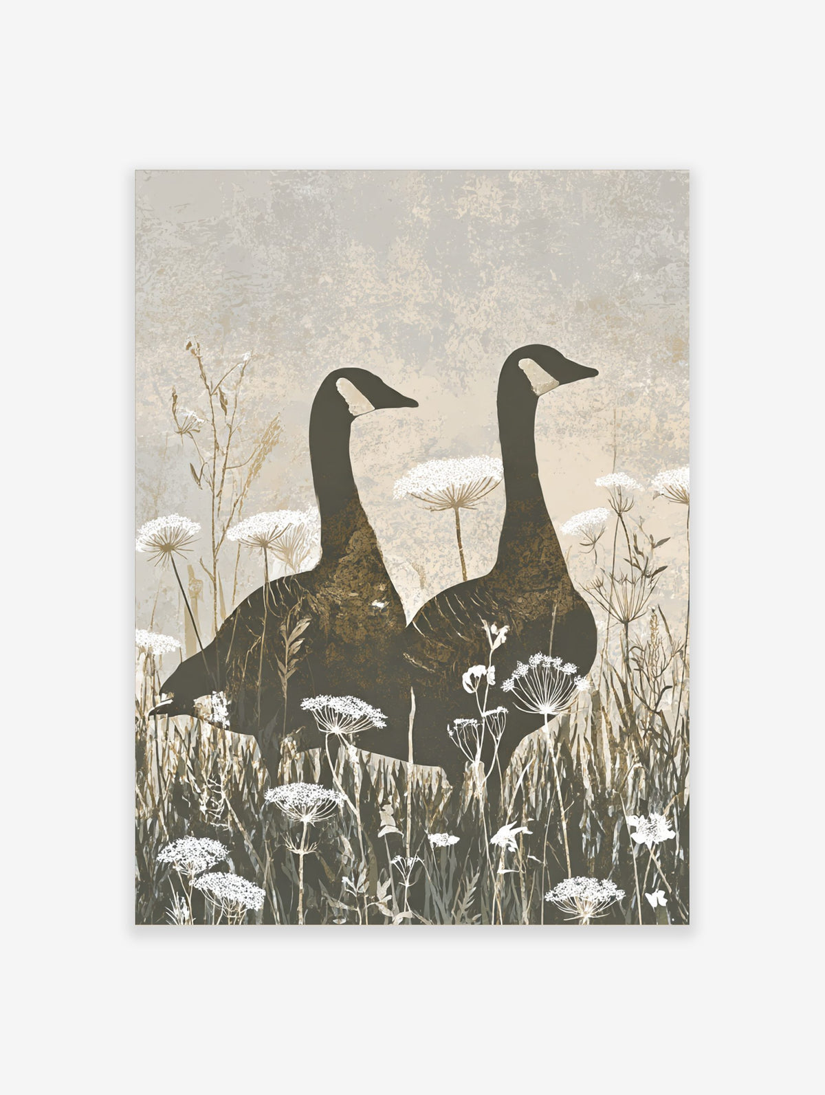 Two Canada geese silhouettes stand in a field of white Queen Anne's Lace flowers, earthy tones art print