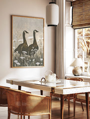 Two Canada geese silhouettes stand in a field of white Queen Anne's Lace flowers, earthy tones art, in a styled room mockup