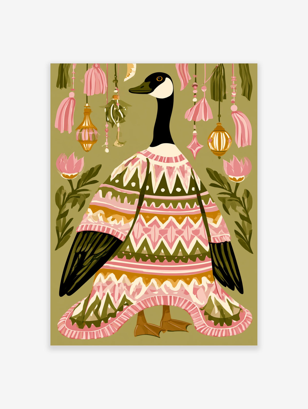 Canada goose in folk-patterned pink dress with hanging tassels and flowers on olive background art print