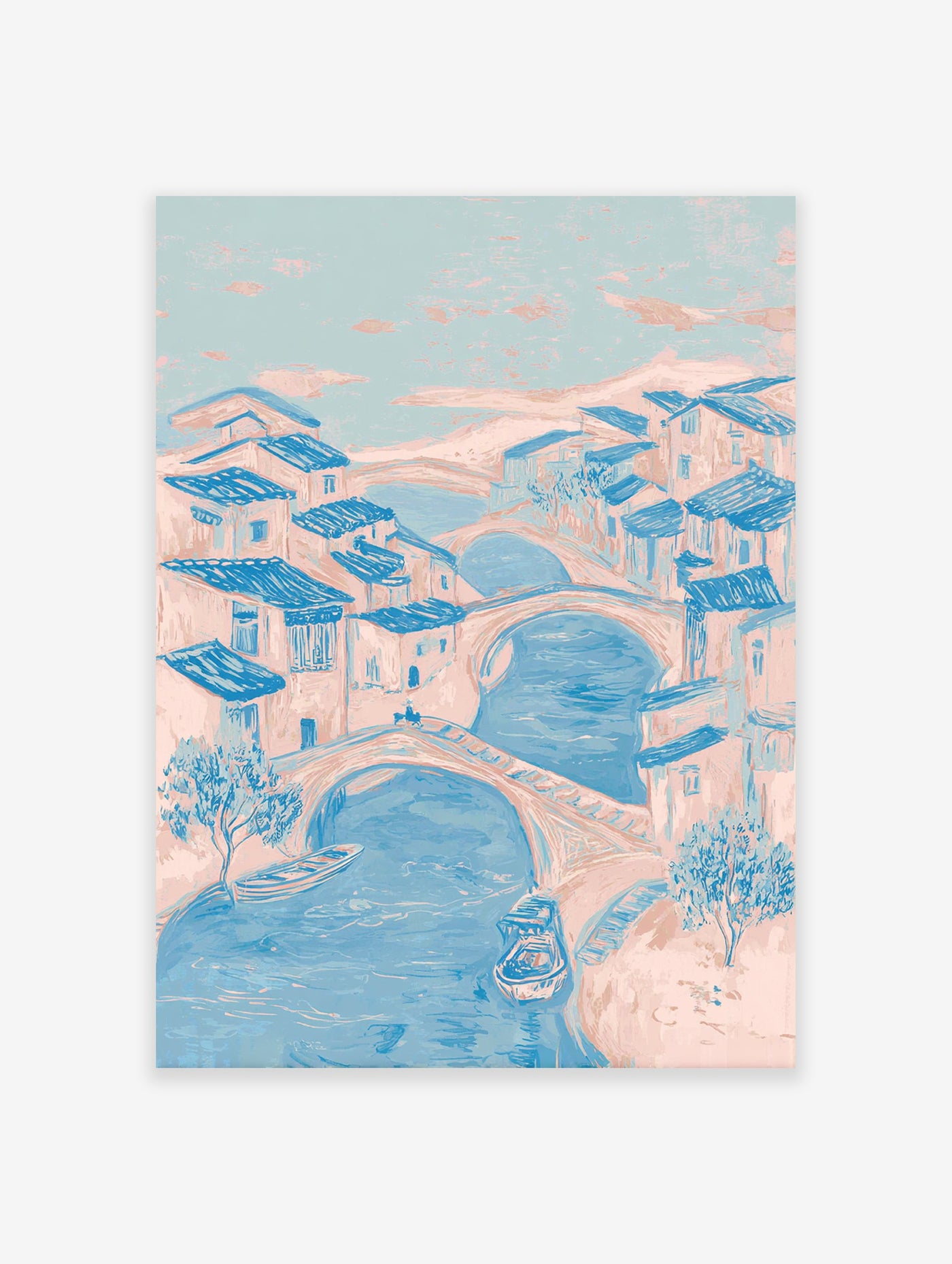 Illustrative blue and pink Canal City Wall Art depicting a European river town with bridges, boats, and buildings.