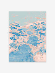 Illustrative blue and pink Canal City Wall Art depicting a European river town with bridges, boats, and buildings.