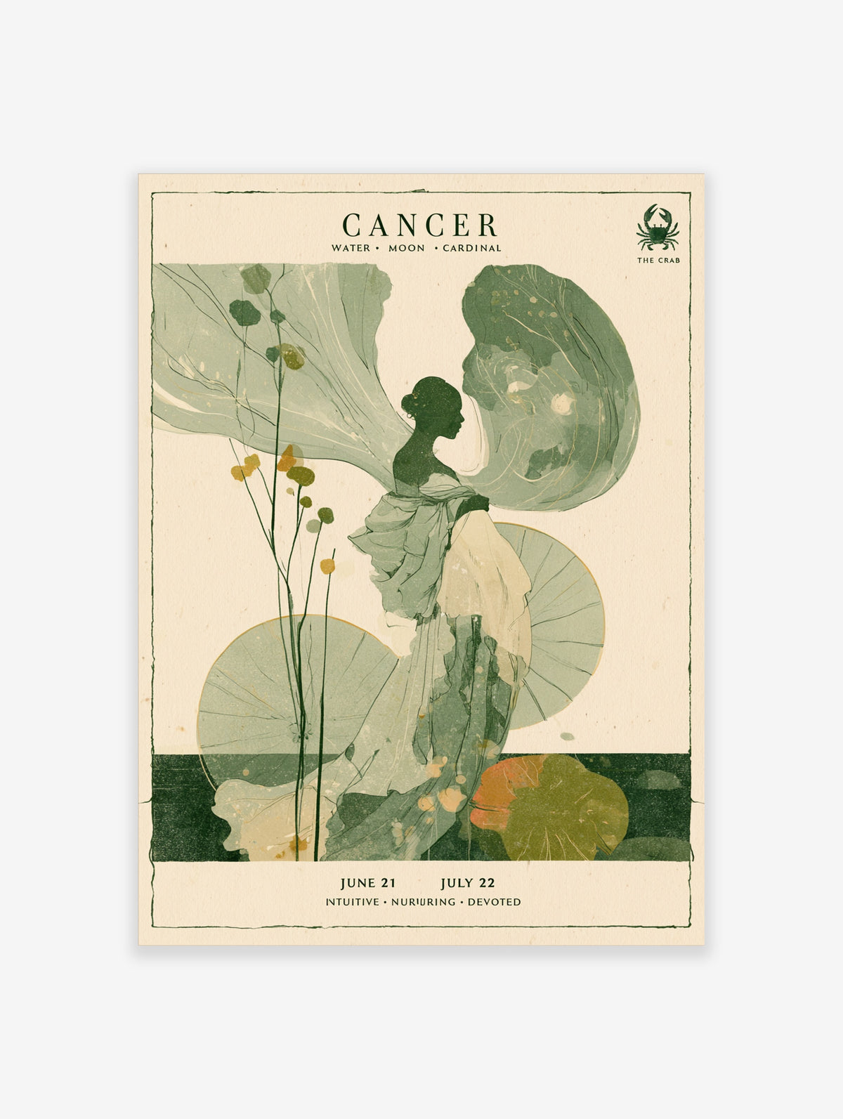 Cancer zodiac poster with green watercolour woman silhouette, lotus leaves, crab icon, and text