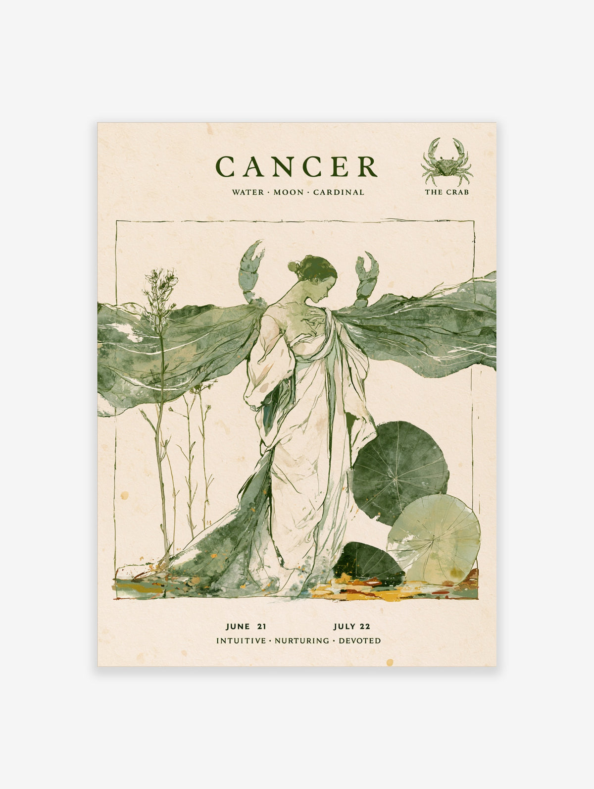 Cancer zodiac watercolour poster with draped figure, crab claws, lotus leaves, and green washes