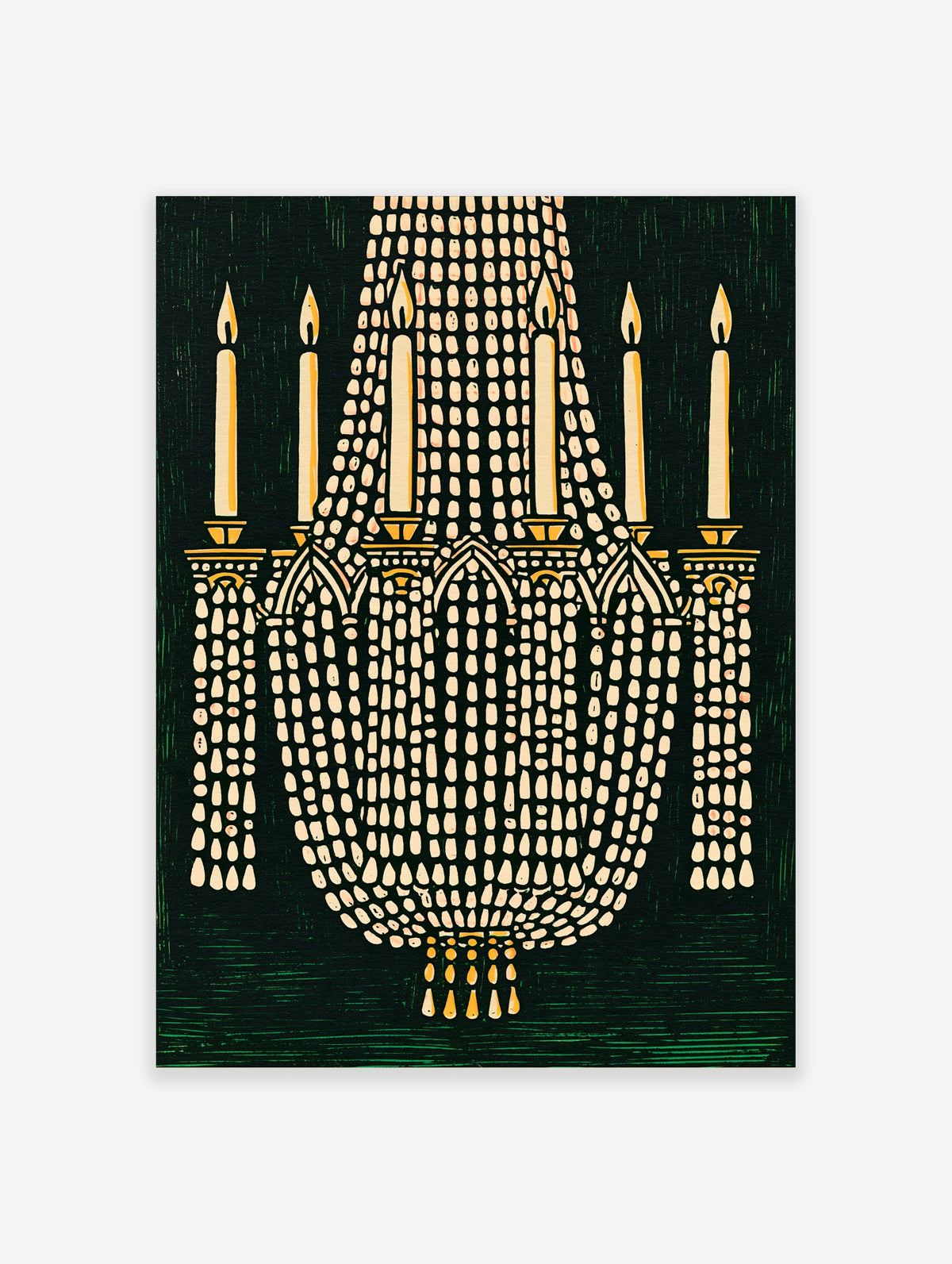 Ornate chandelier with six candles and cream beads on dark green background, illustrative art print