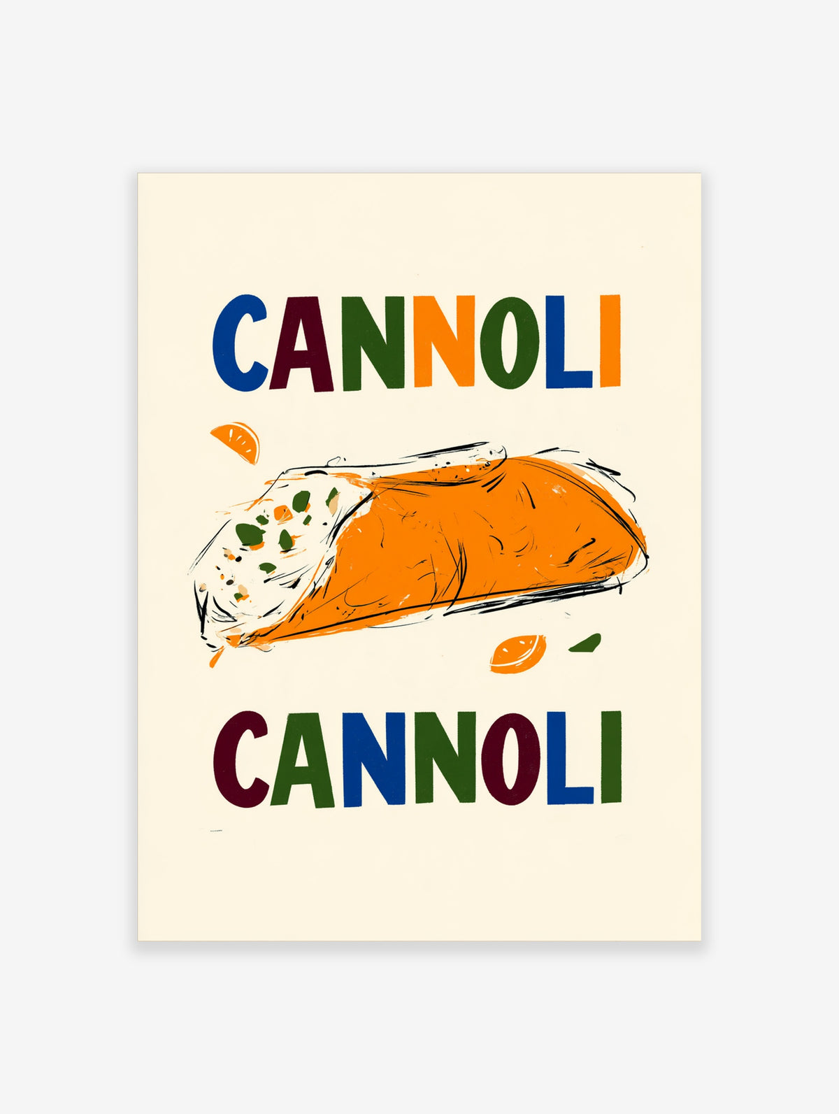 Colourful CANNOLI typography poster with an orange ricotta-filled cannoli illustration and orange segments on cream
