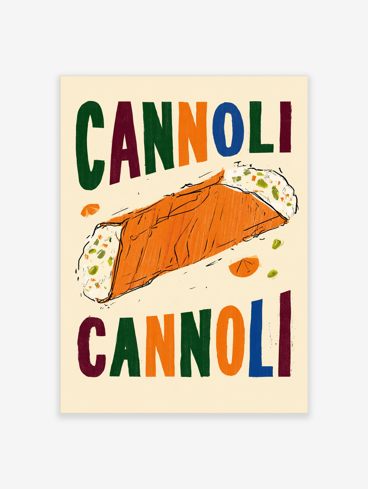 Cannoli poster with bold multicoloured text and illustrated pastry on cream background
