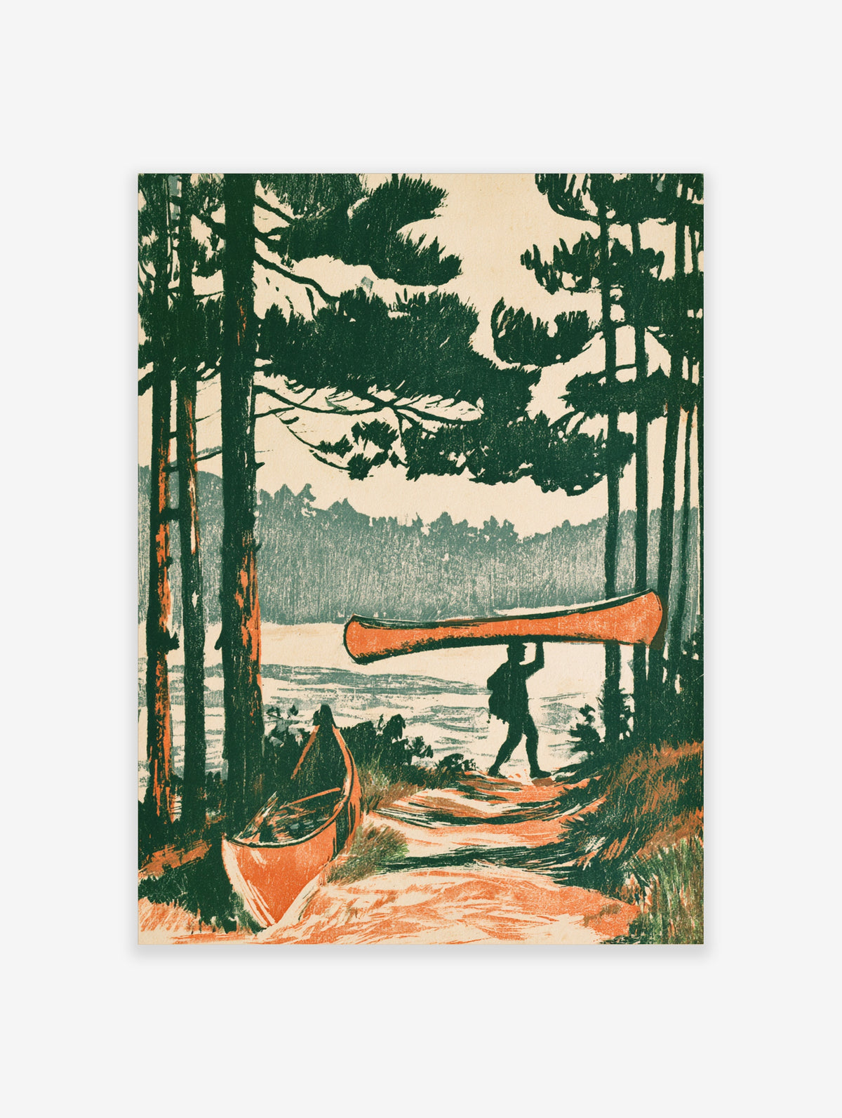 Canoe portage art print with figure carrying orange canoe past pine trees and lake