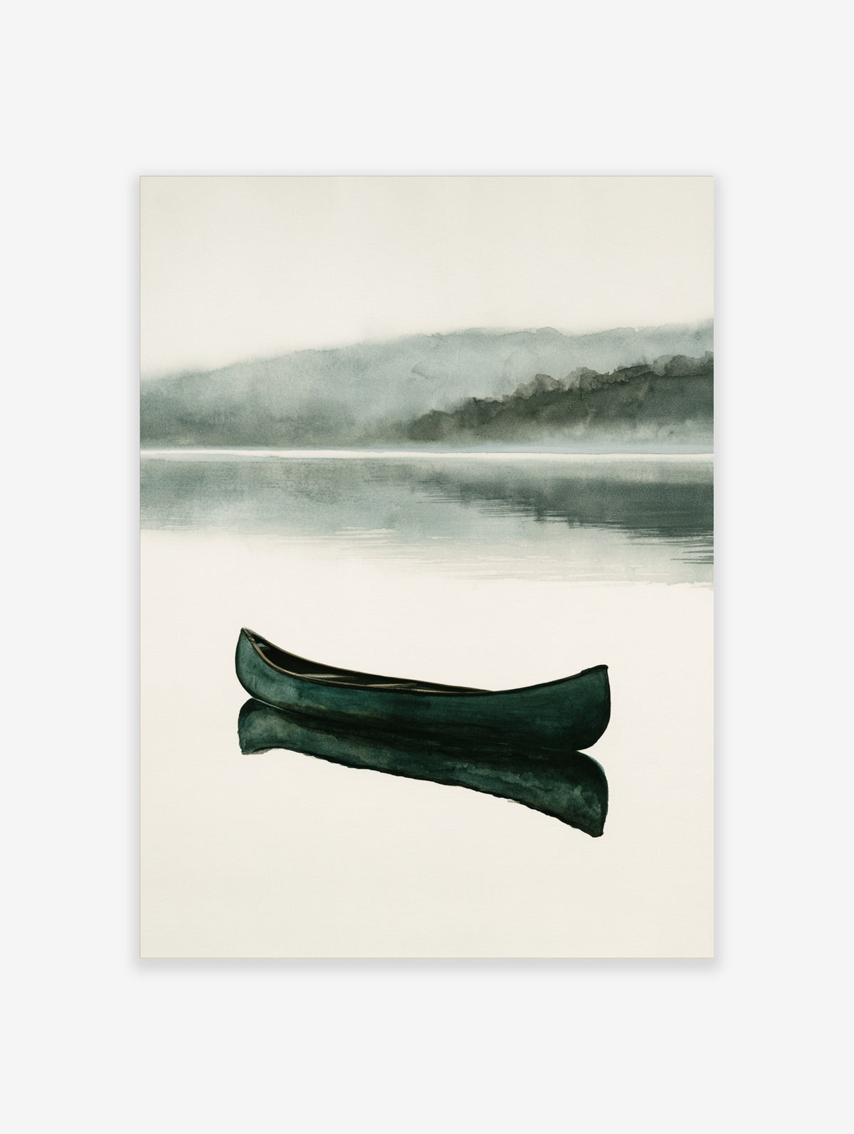 Dark green canoe floating on a calm, misty lake with reflection, minimalist watercolor landscape art print
