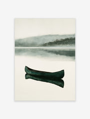 Dark green canoe floating on a calm, misty lake with reflection, minimalist watercolor landscape art print