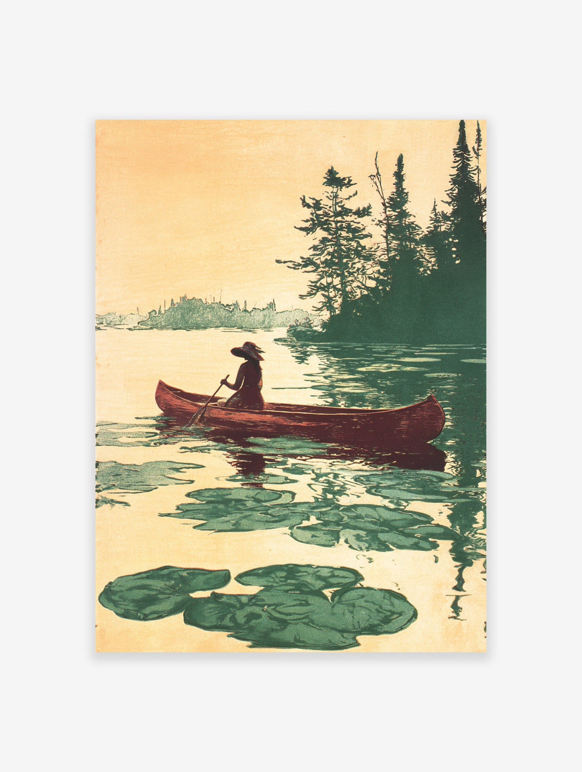 Vintage illustration of a person canoeing on a calm lake with lily pads and pine trees in a warm, earthy palette.