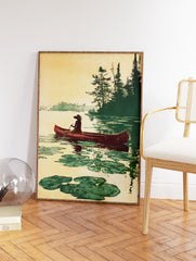 Vintage illustration of a person canoeing on a calm lake with lily pads and pine trees in a warm, earthy palette. - Image 2
