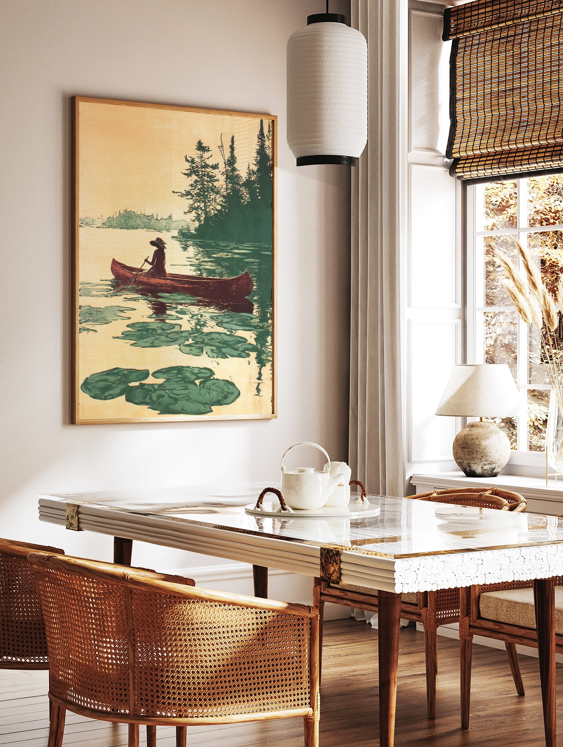 Vintage illustration of a person canoeing on a calm lake with lily pads and pine trees in a warm, earthy palette. - Image 3