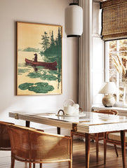 Vintage illustration of a person canoeing on a calm lake with lily pads and pine trees in a warm, earthy palette. - Image 3
