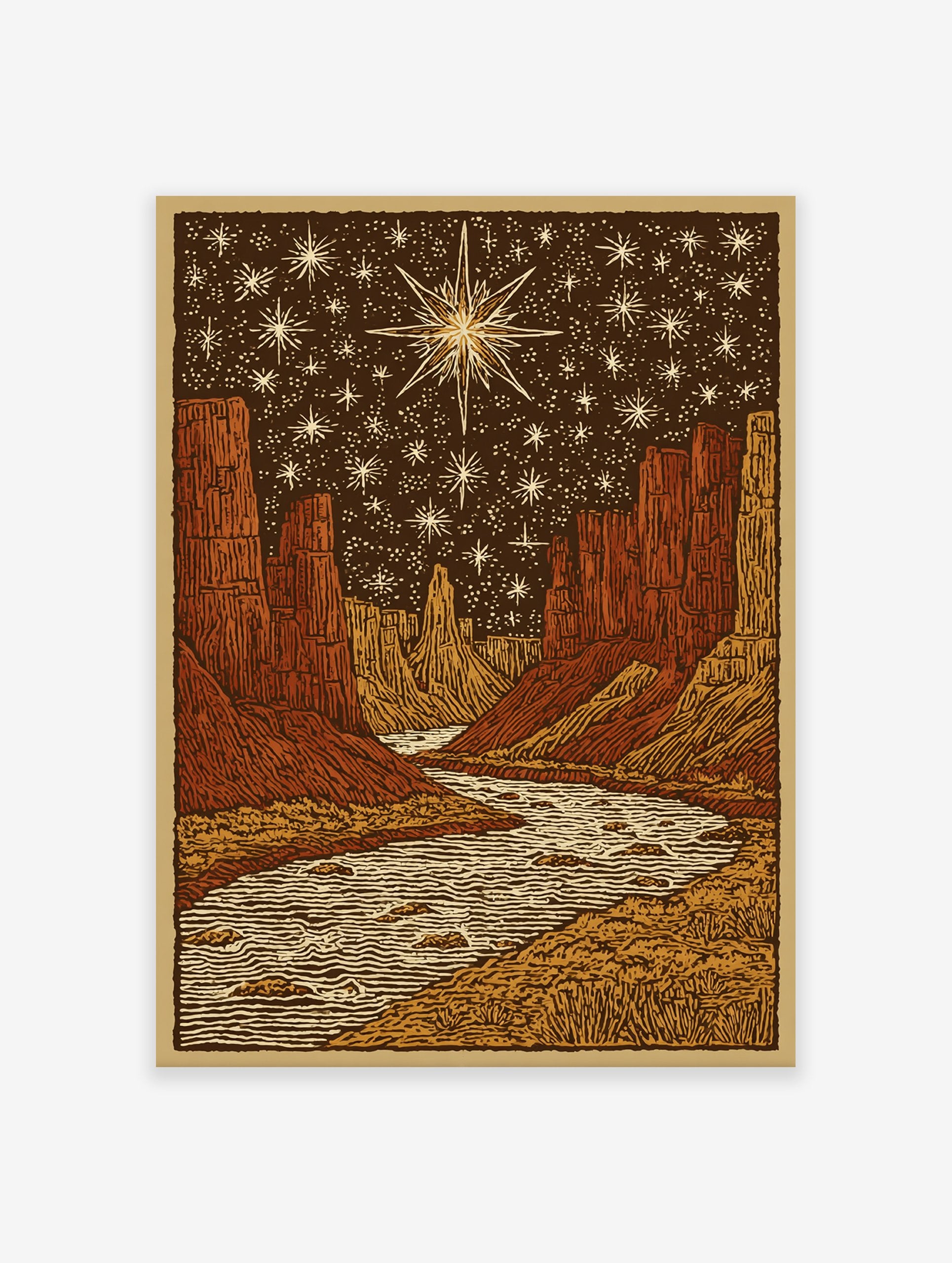 Canyon Night Sky poster showing a river flowing through a desert canyon under a dark sky filled with many stars and one large bright star.