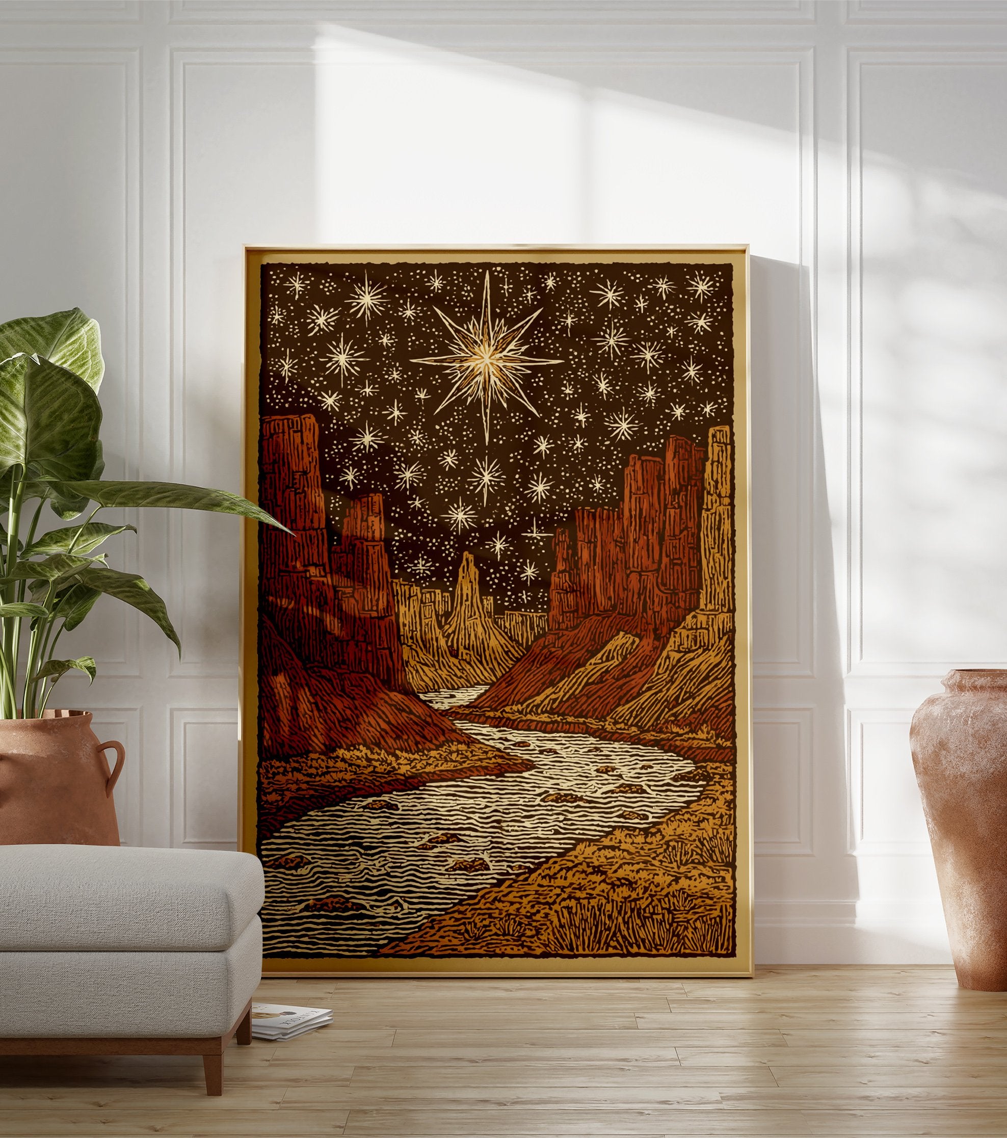 Canyon Night Sky poster showing a river flowing through a desert canyon under a dark sky filled with many stars and one large bright star. - Image 3