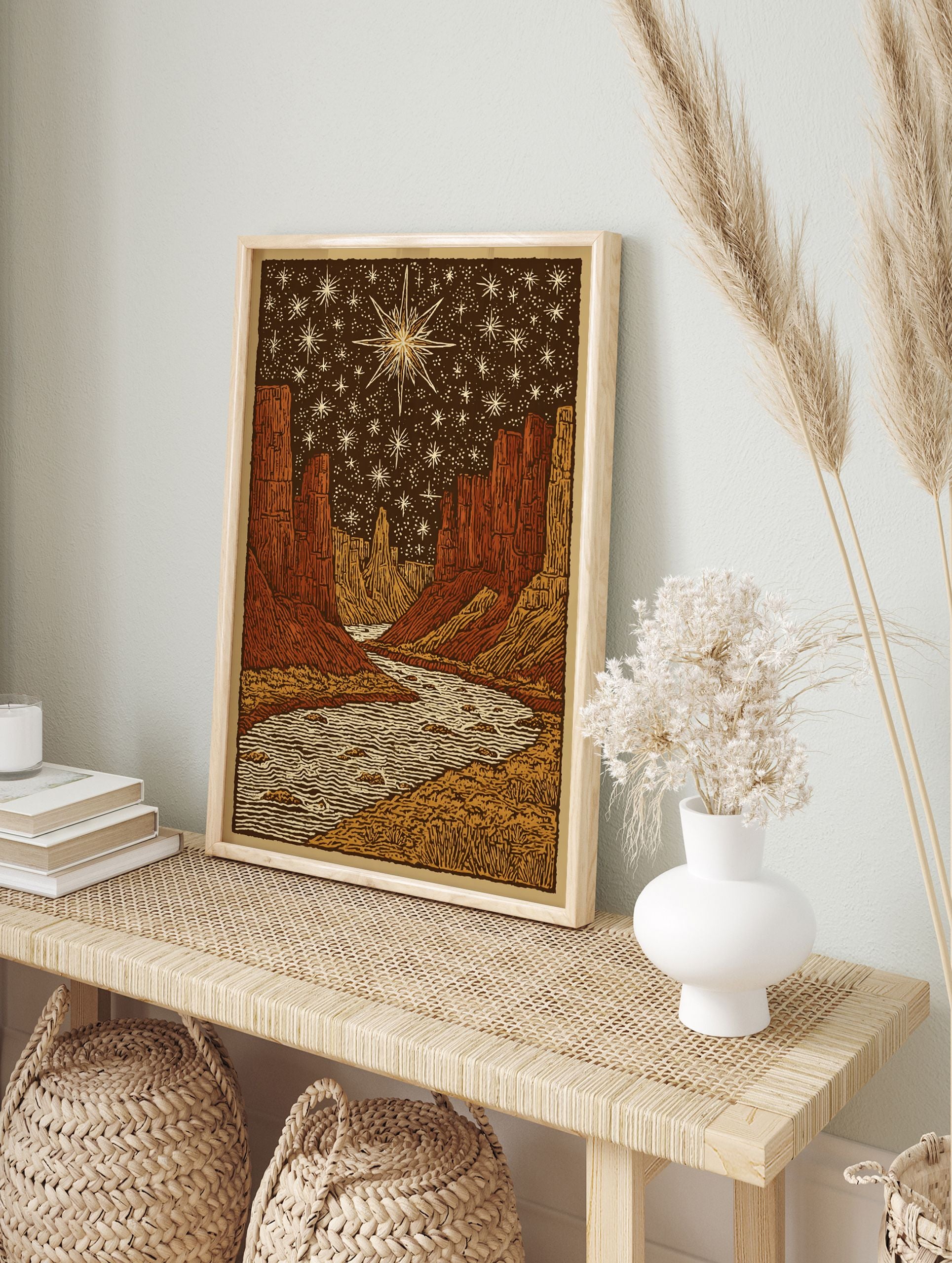 Canyon Night Sky poster showing a river flowing through a desert canyon under a dark sky filled with many stars and one large bright star. - Image 4