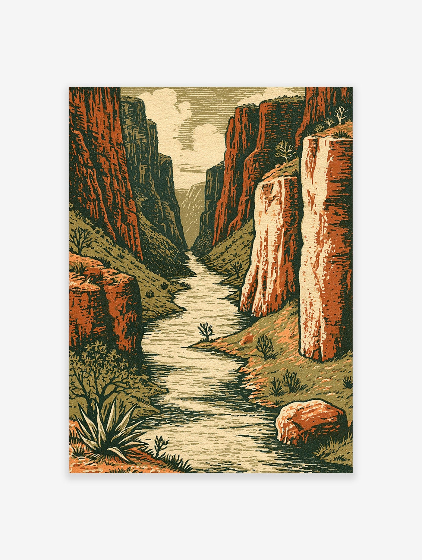 Canyon river wall art with red rock cliffs and desert plants, illustrative landscape print