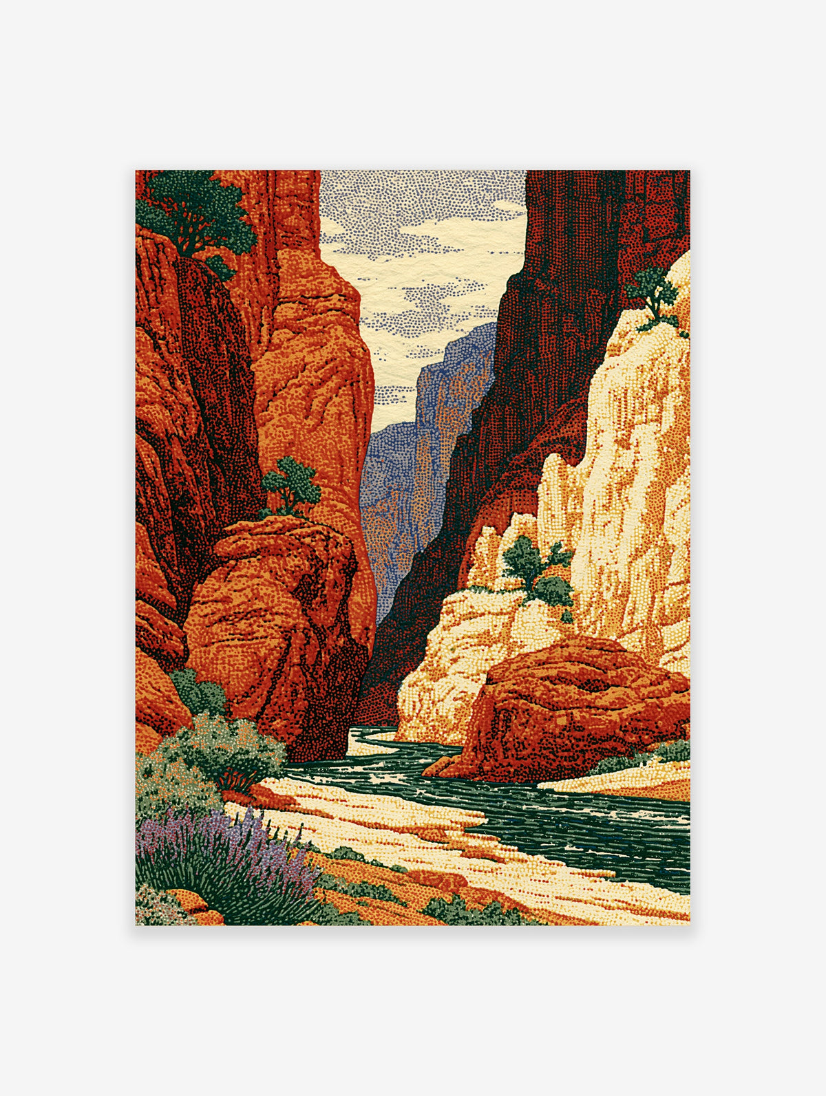 Canyon river wall art with red rock cliffs, green river, and stippled texture