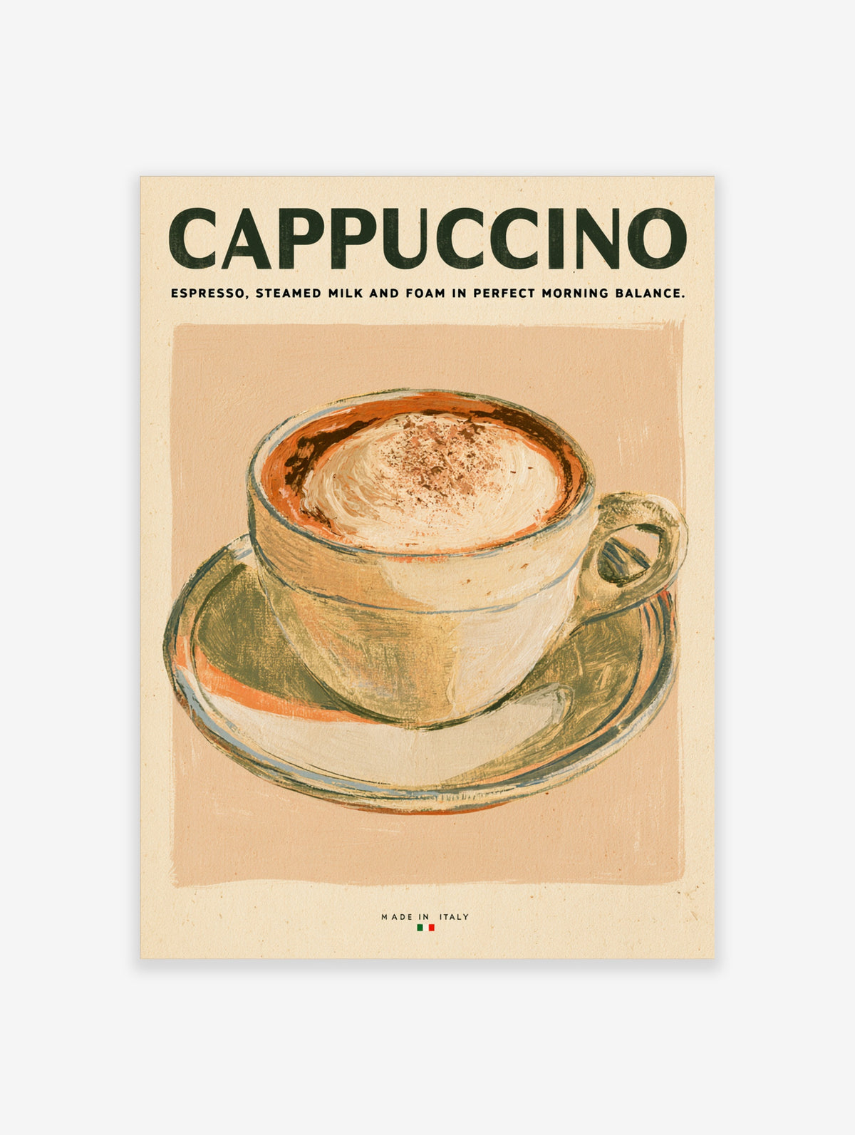 Cappuccino poster with painted coffee cup and saucer, green title text on beige background