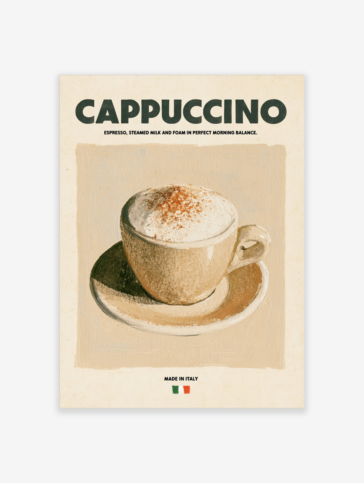 Cappuccino poster with painted coffee cup, saucer and green typography on beige background