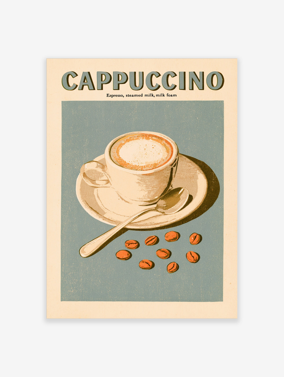 Cappuccino poster with retro typography, coffee cup, saucer, spoon, and coffee beans on blue background