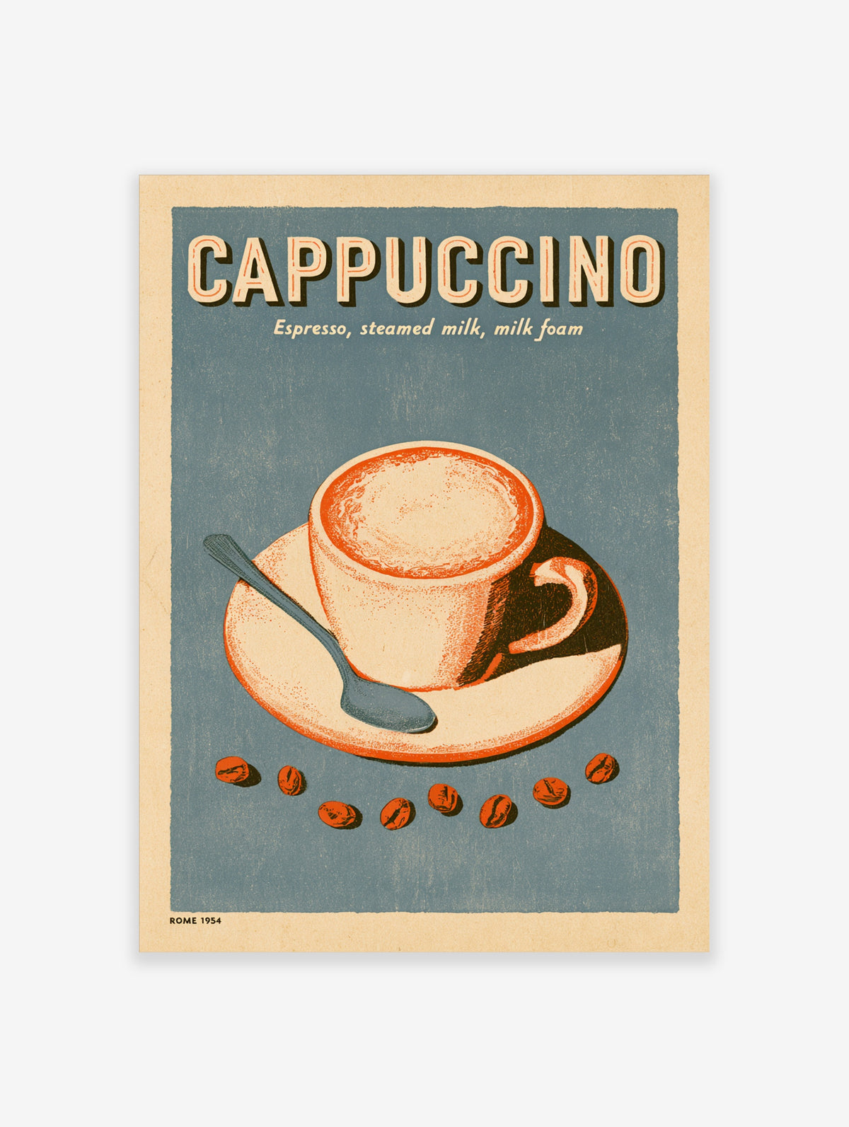 Retro Cappuccino poster with cup, spoon and coffee beans on blue background
