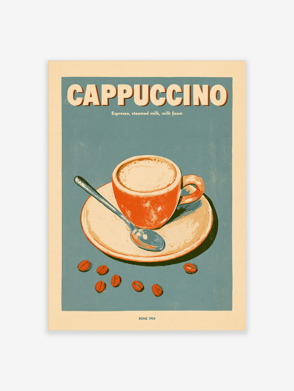 Retro cappuccino poster with orange cup, spoon, coffee beans, and bold typography on teal background