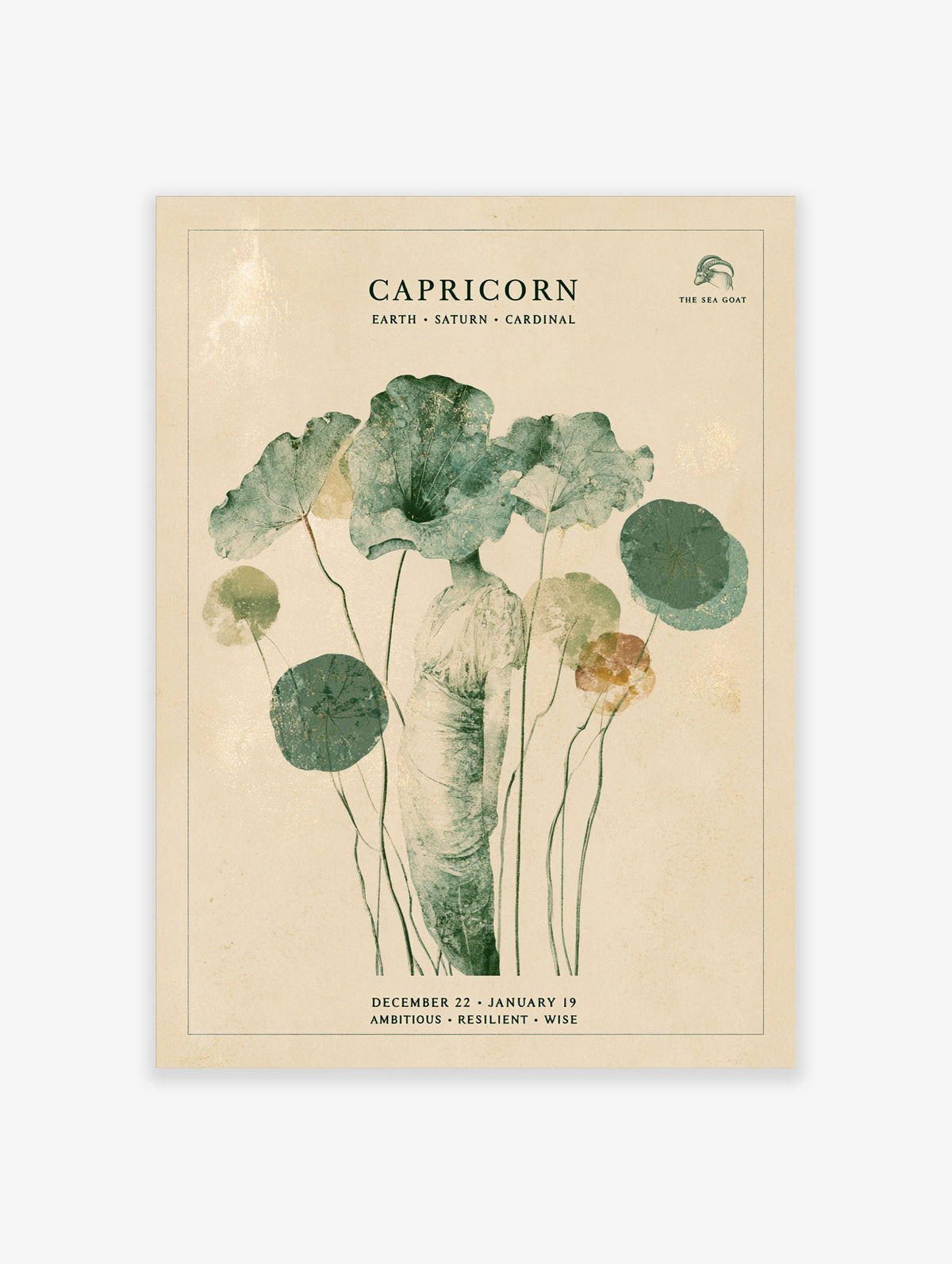 Capricorn zodiac poster with a figure in a dress, green lotus leaves, and text reading Capricorn, Earth, Saturn, Cardinal