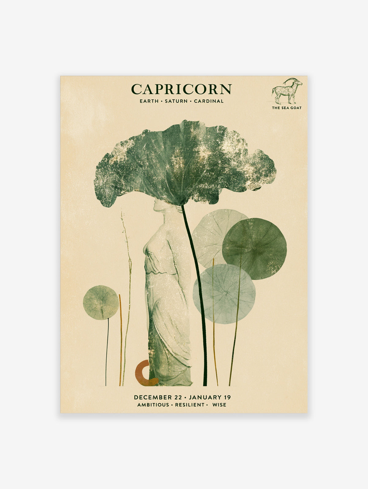 Capricorn zodiac poster with classical female figure under green lotus leaf, botanical stems, and earthy typography