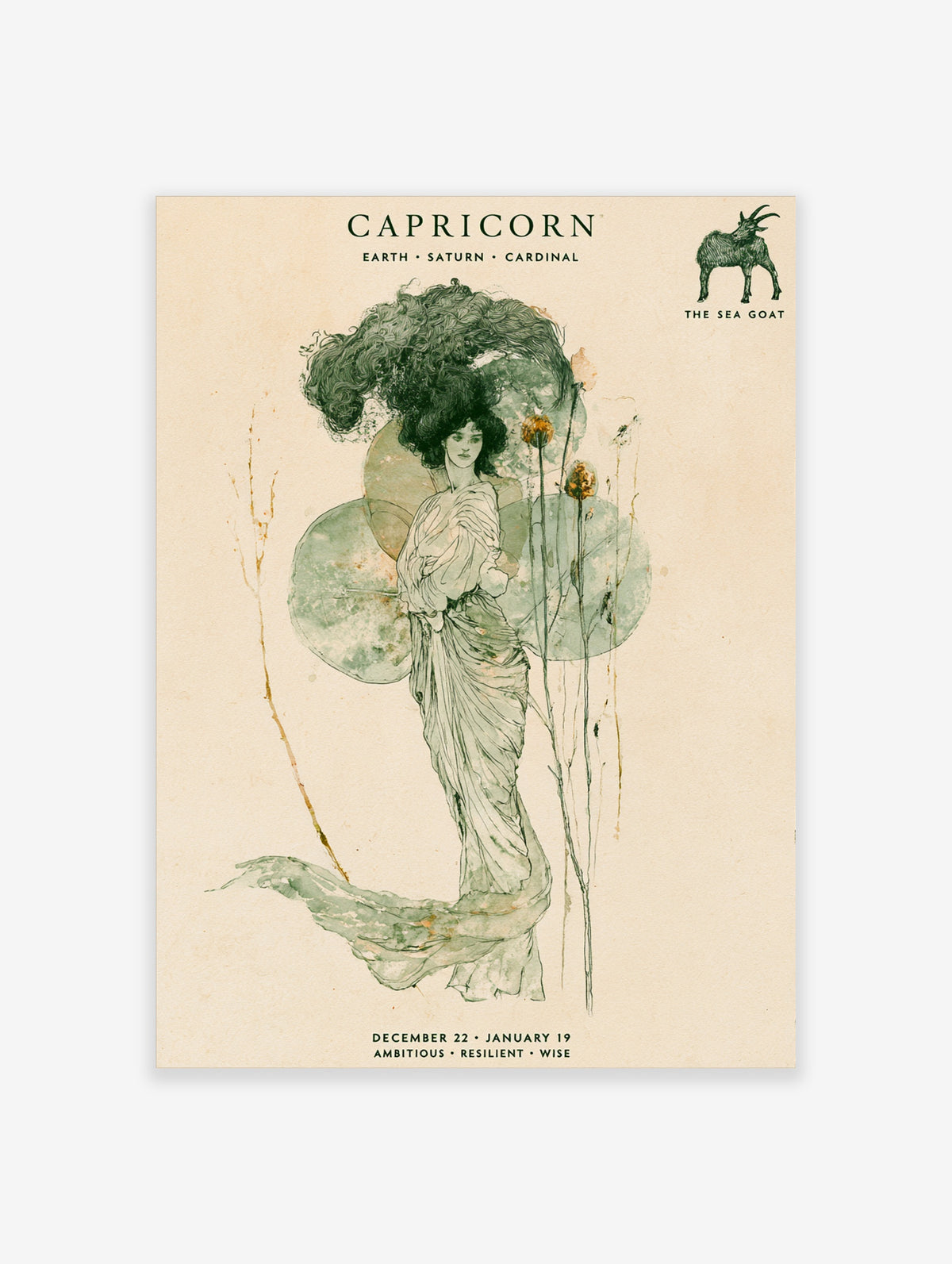 Capricorn zodiac poster with green-haired woman, botanical stems, and CAPRICORN typography