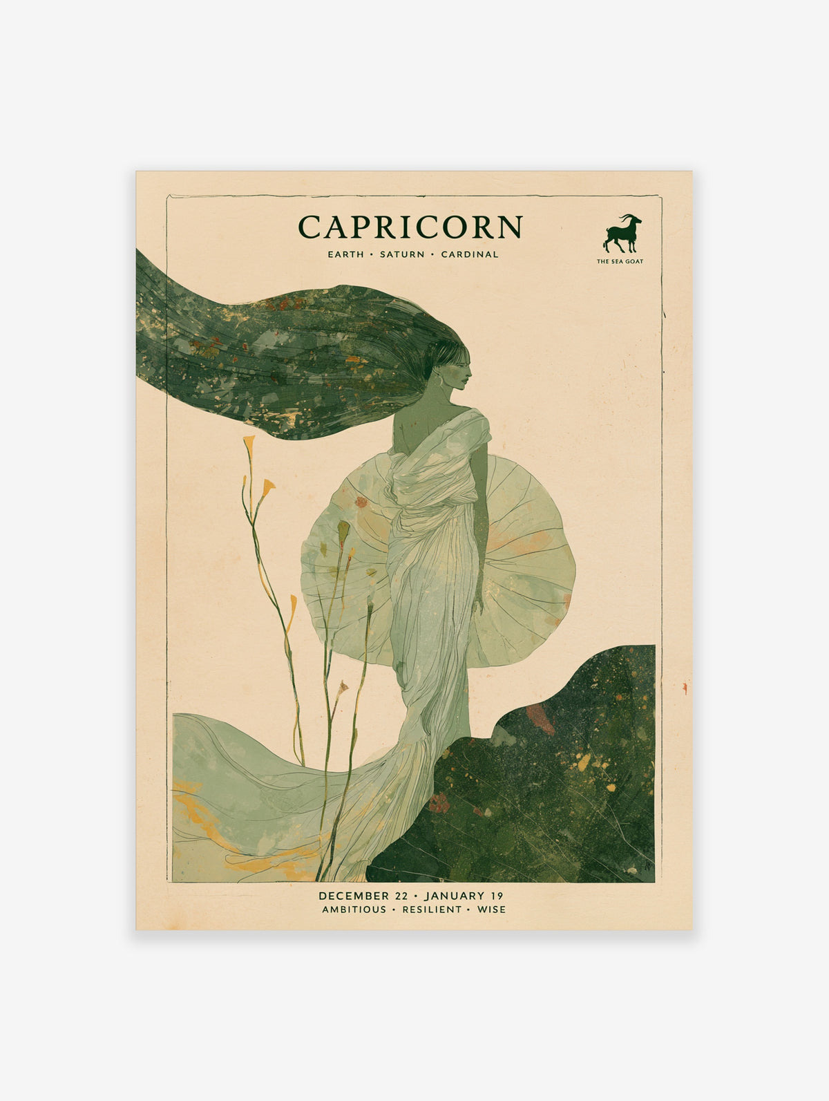Capricorn zodiac poster with draped figure, green flowing hair, sea goat icon, and text on beige background
