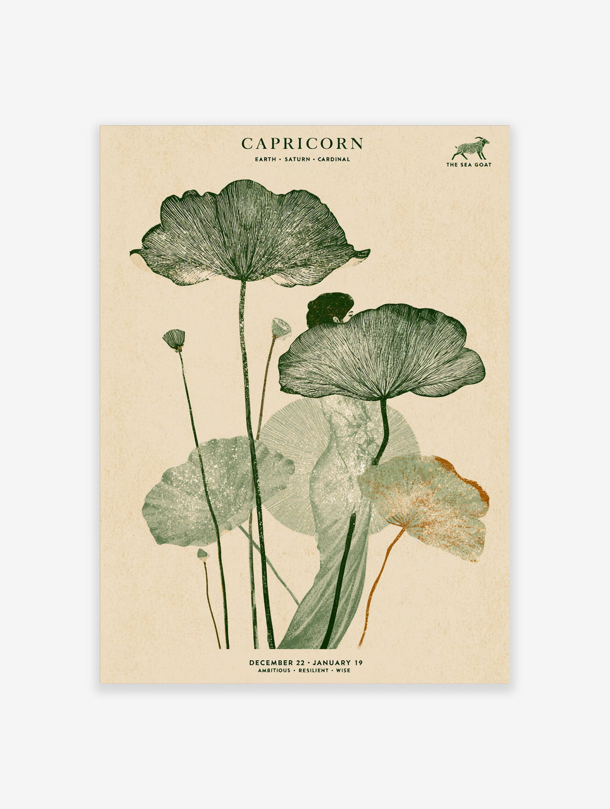Capricorn zodiac poster with green lotus leaves, seed pods, and text reading Capricorn, Earth, Saturn, Cardinal
