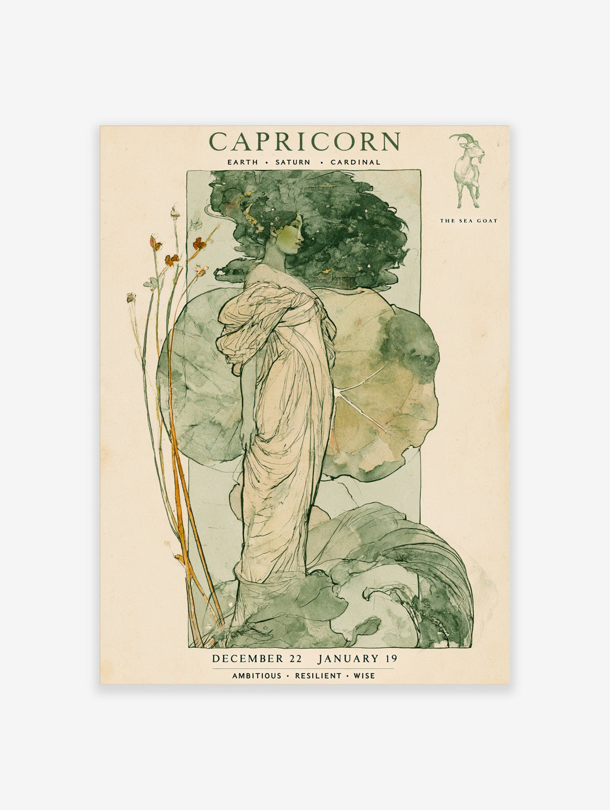 Capricorn zodiac art print with green-haired figure, sea goat, and dates December 22 to January 19