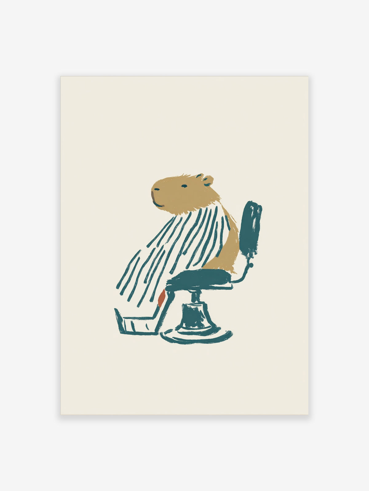 Capybara wearing barber cape sitting on salon chair, teal and beige illustration on cream background