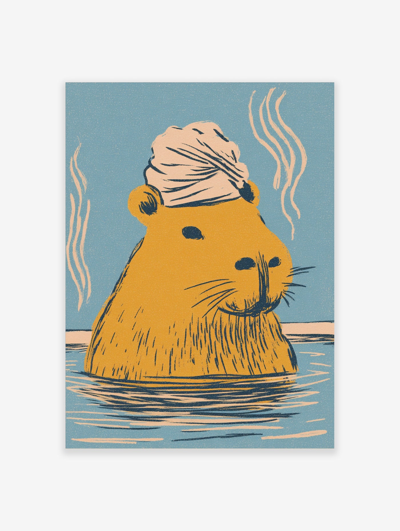 Capybara in hot spring with towel on head, steam rising, yellow and teal illustration