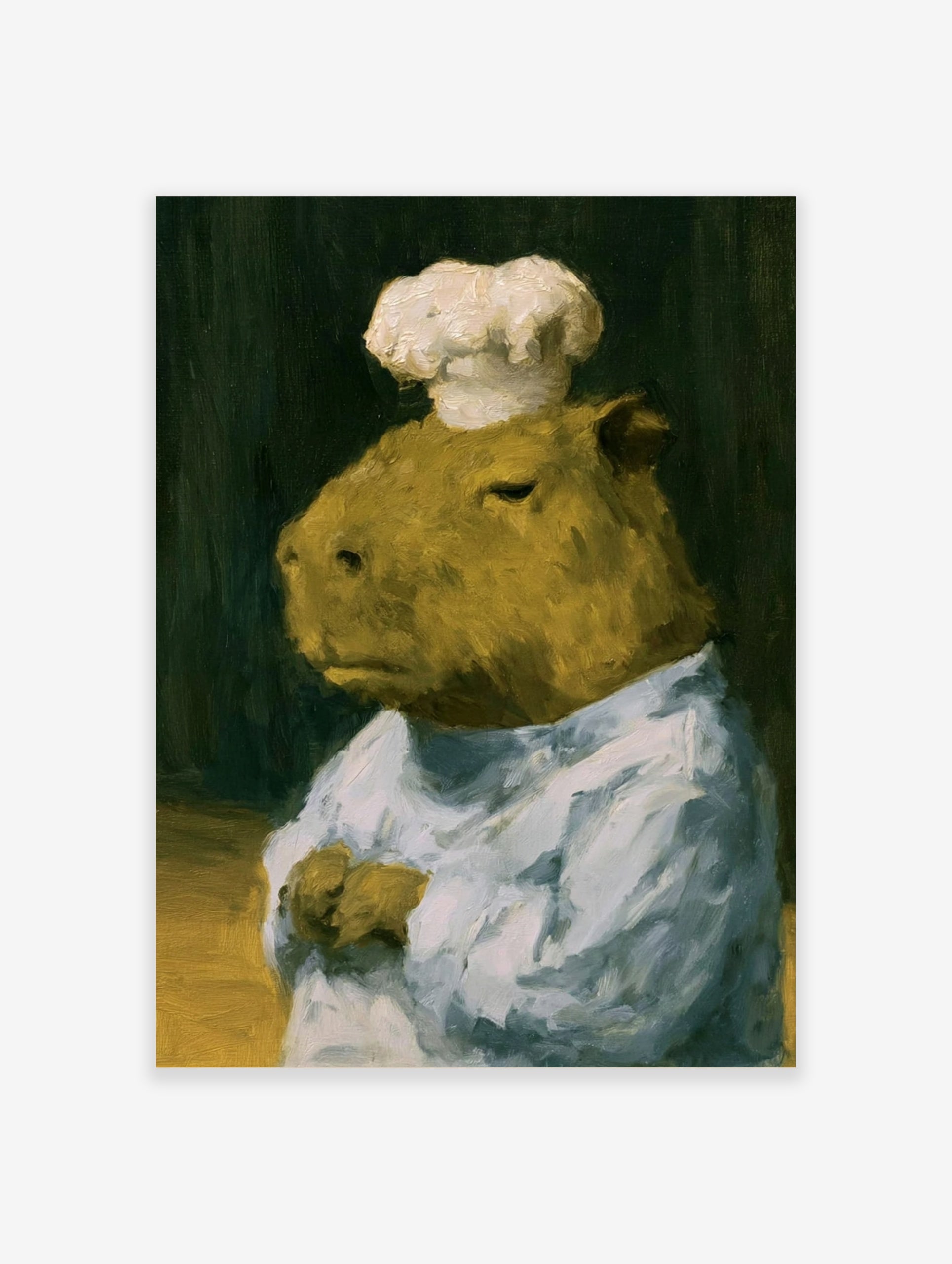Painterly oil art print of a capybara wearing a white chef hat against a dark background