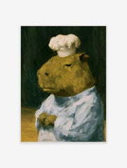 Painterly oil art print of a capybara wearing a white chef hat against a dark background