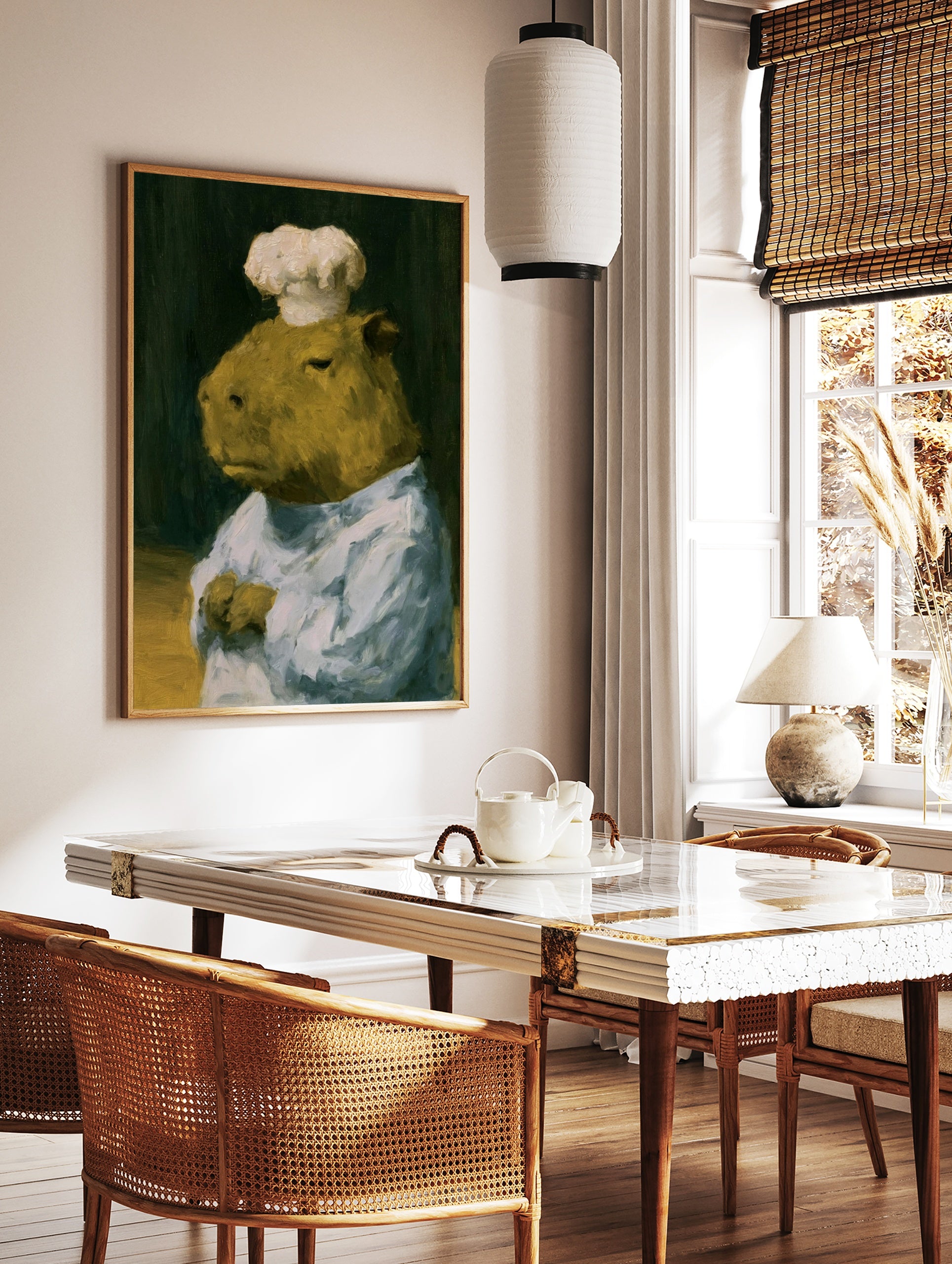 Painterly oil art print of a capybara wearing a white chef hat against a dark background, in a styled room mockup