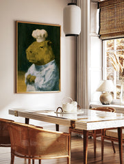 Painterly oil art print of a capybara wearing a white chef hat against a dark background, in a styled room mockup