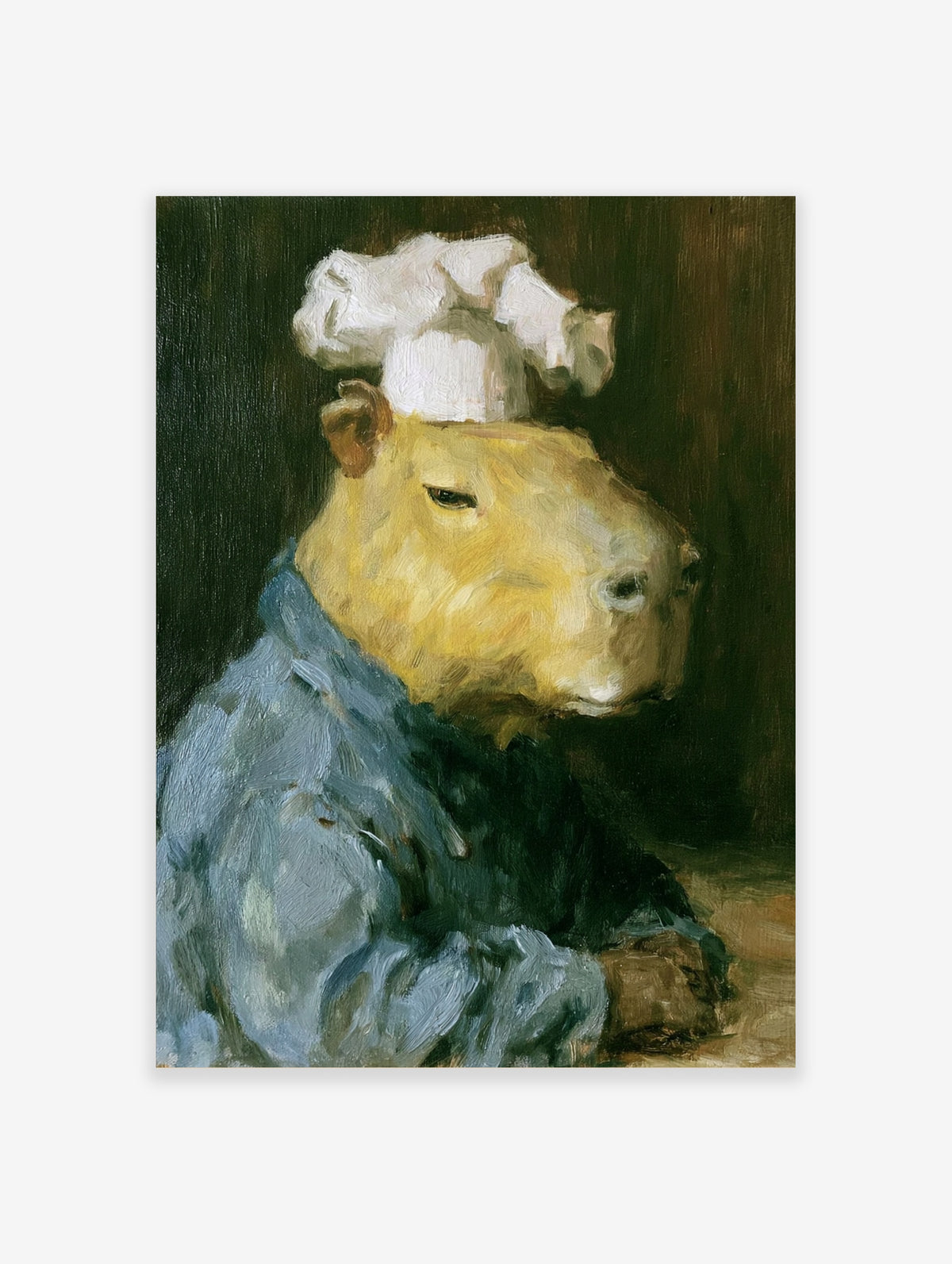 Oil painting style print of a capybara wearing a chef's hat and blue uniform against a dark background