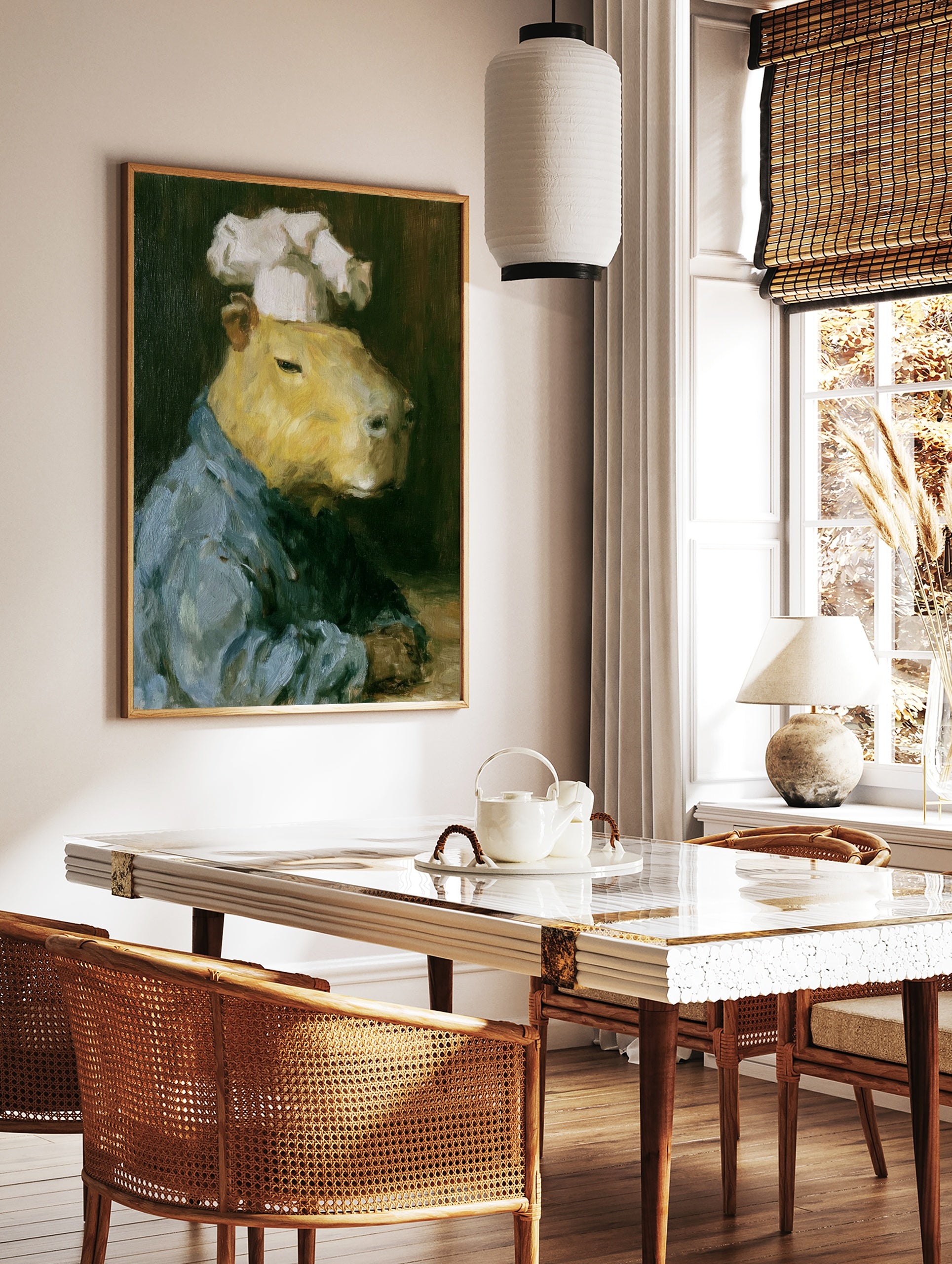 Oil painting style print of a capybara wearing a chef's hat and blue uniform against a dark, in a styled room mockup