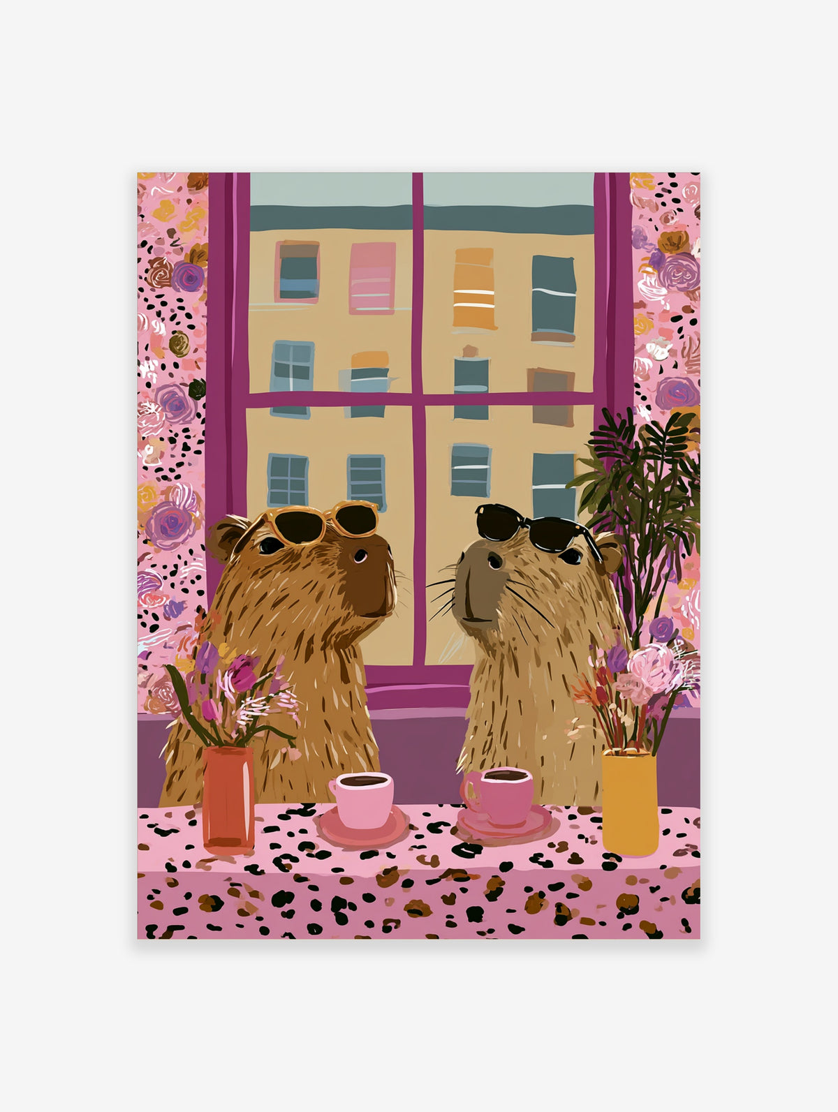 Two capybaras in sunglasses at a leopard-print table with pink coffee cups and flowers, pink window frame