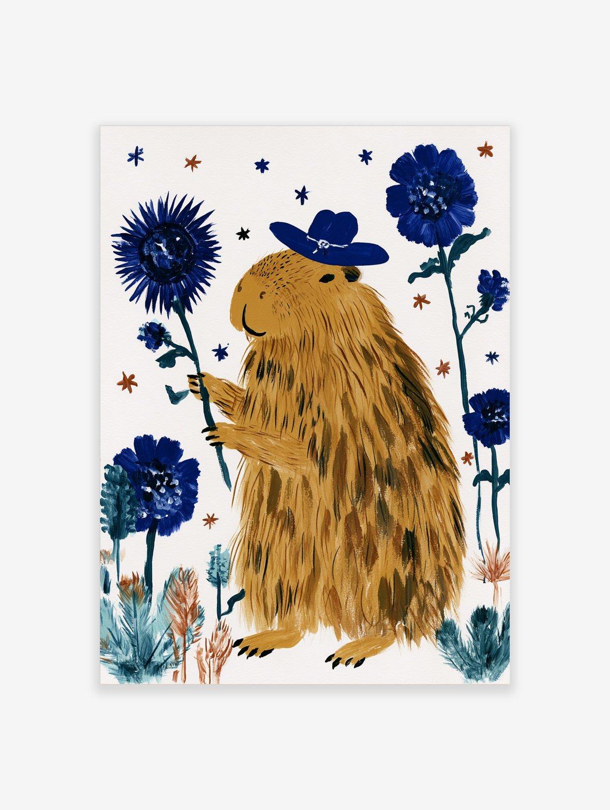 Capybara in blue cowboy hat holding blue cornflower, animal art print on cream background