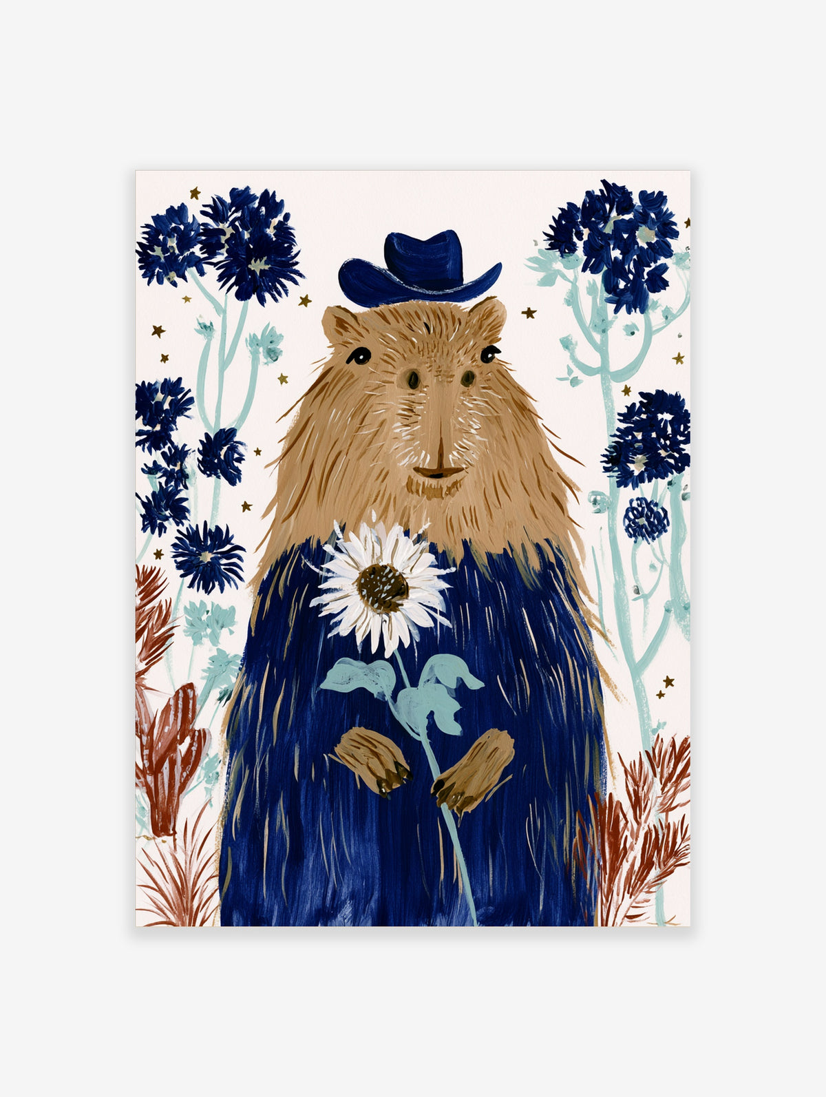 Capybara in navy cowboy hat holding white sunflower with blue flowers on cream background art print