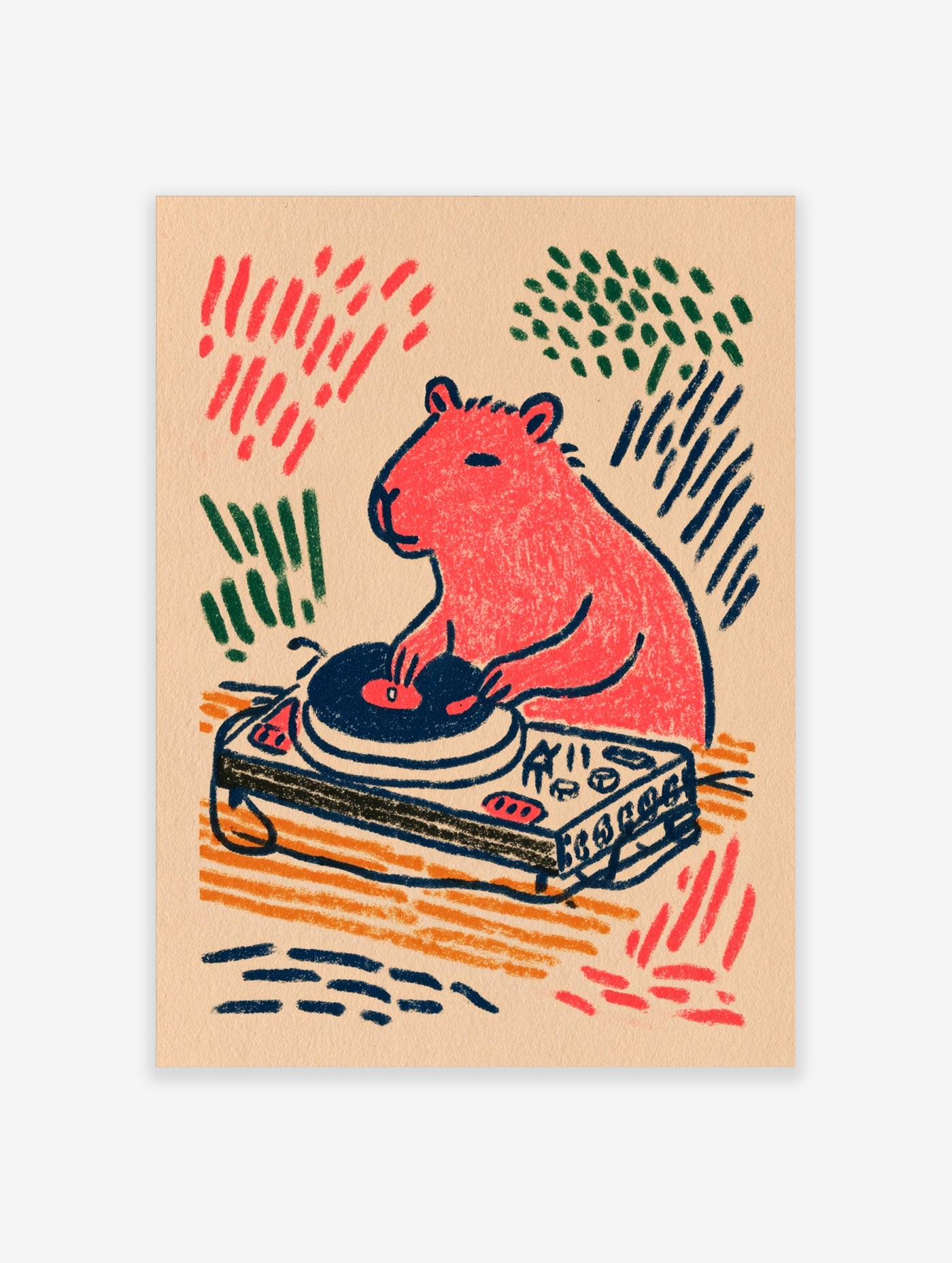 Capybara DJ illustration with turntable, red and green strokes on beige background, animal wall art print
