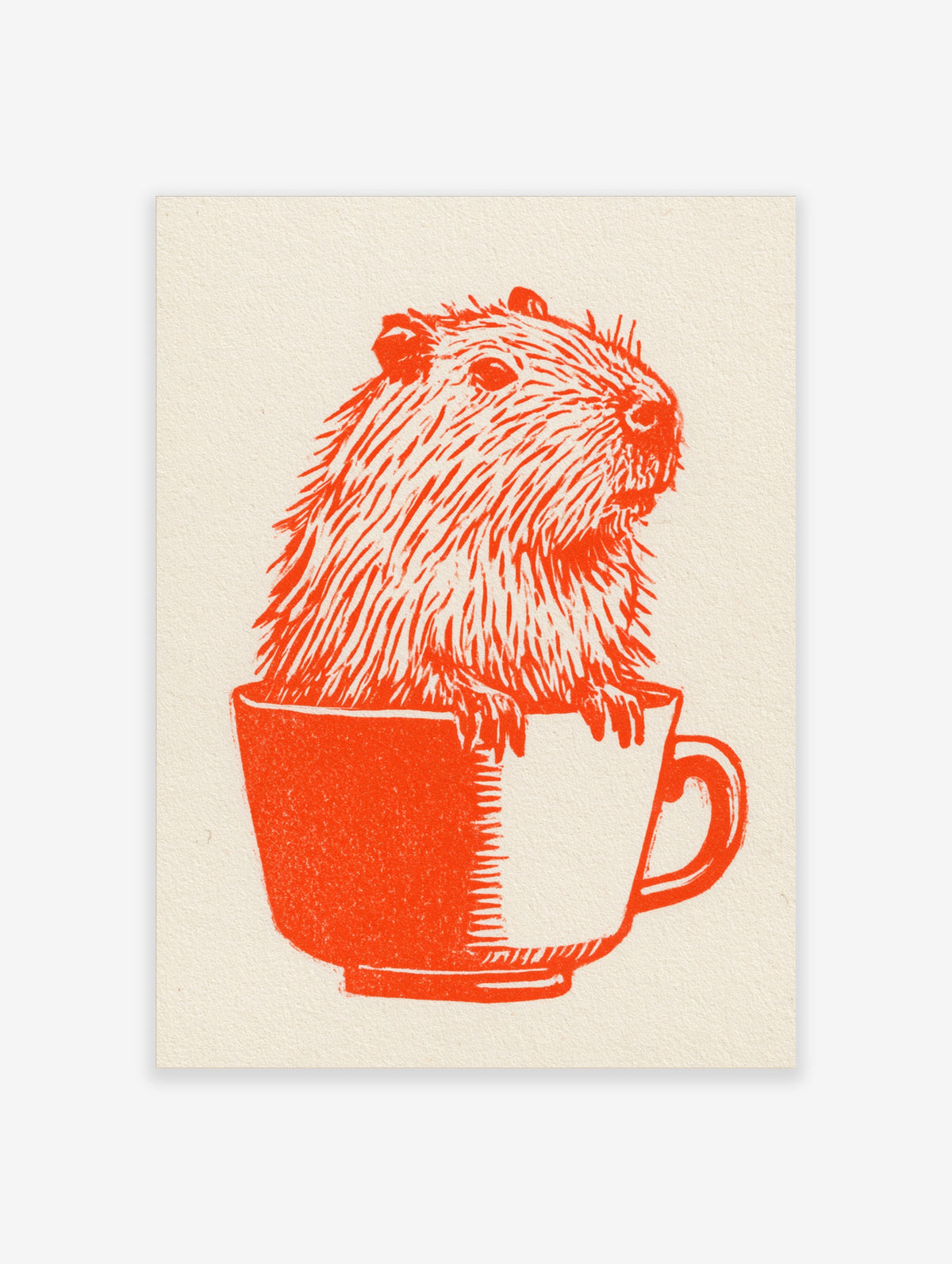 Orange ink illustration of a capybara sitting inside a teacup on off-white paper