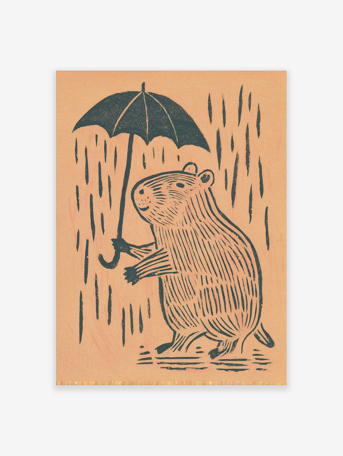 Capybara holding umbrella in rain, linocut style black illustration on peach background