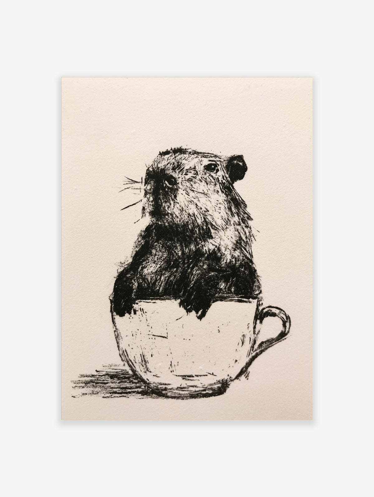 Detailed ink illustration of a capybara sitting inside a teacup, black and white artistic wall art print